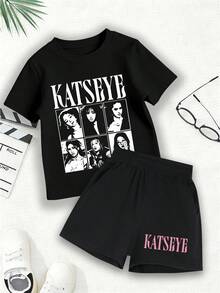 KATSEYE Pink T-Shirt And Shorts Set, Sweet Style T-Shirt. KATSEYE Pink T-Shirt, Girl Group T-Shirt, Style For Spring, Summer, Autumn And Winter, Suitable For Idol Worship, Shopping, School And Other Occasions. - màu đen - Xem 2