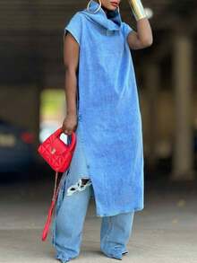 GLOURI Women's Blue Turtleneck Tunic Dress - Sleeveless Drop Shoulder & Side Split Detail | Fit For Street Style, Daily Errands, Weekend Brunch, Casual Gatherings & Urban Outings (Chic, Layered & Effortlessly Cool) For , Modern Looks - 藍色 - 查看 1