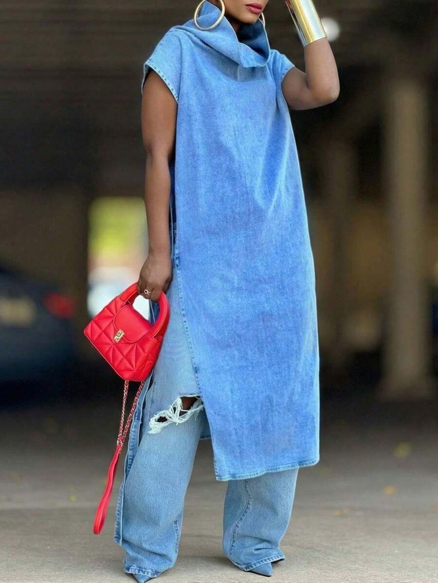 GLOURI Women's Blue Turtleneck Tunic Dress - Sleeveless Drop Shoulder & Side Split Detail | Fit For Street Style, Daily Errands, Weekend Brunch, Casual Gatherings & Urban Outings (Chic, Layered & Effortlessly Cool) For , Modern Looks - 藍色 - 查看 1