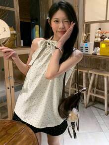 法式优雅蝴蝶结吊带背心，宽松休闲波点女式衬衫，夏季 - 淺綠色 - 查看 1