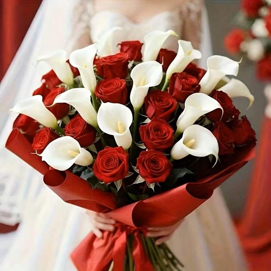 Conjunto de 26 rosas requintadas + lírios-de-cálice artificiais, perfeito para buquês de Natal e casamento, cerimônias de noivado, decoração de casa/escritório, Dia das Mães, arranjos florais de primavera, decoração externa e Dia dos Namorados - Decoração floral de plástico ideal (vaso não incluído).