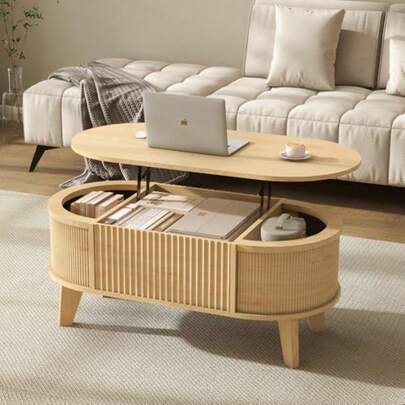 Fluted Lift Top Coffee Table with StorageModern Oval Coffee Table for Living Room Or Home Office Natural