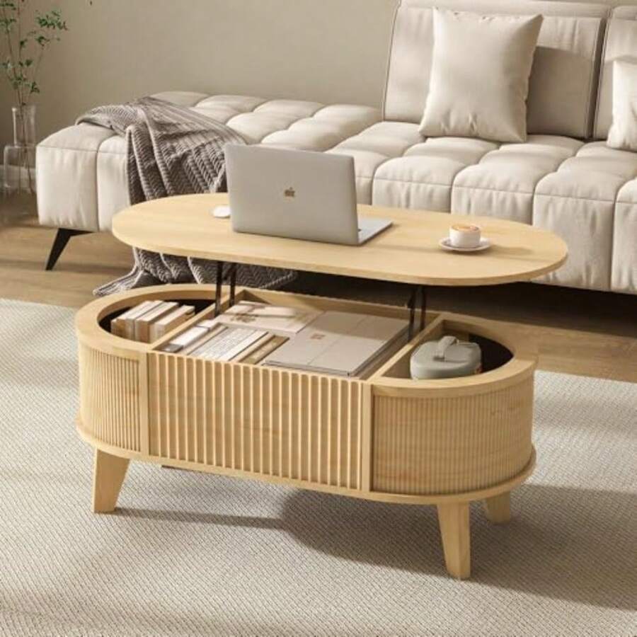 Fluted Lift Top Coffee Table with StorageModern Oval Coffee Table for Living Room Or Home Office Natural - Natural - Ver 1