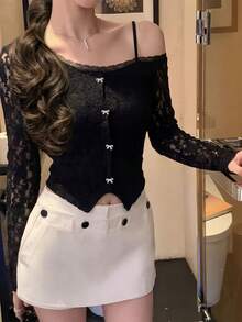 Elegant Casual Sweet Lace Floral Off-Shoulder Long Sleeve Cardigan With Delicate Silver Bow Decor, Suitable For Daily Wear, Dates, And Parties In Spring/Summer Black - Black - View 4