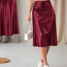 "Luxury Draped Satin Midi Skirt - Comfort And Elegance" - Redwood - View 2