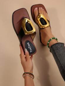 Square Toe Flip Flops With Exaggerated Metal Buckle Decoration - Black - View 6