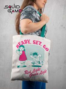 Netflix 1pc Official Licensed  Red Light Green Light Graphic Canvas Tote Bag, Casual Contrast Strap Shoulder Bag - Multicolor - View 2