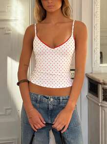 Women Polka Dot Spaghetti Strap Tank Tops Y2K Fairycore Lace Trim Corset Camisole V Neck Slim Cami Tops Cute Lace Trim Crop Tops For Summer Going Out Tops Sweet T-Shirt Casual Streetwear - Chấm bi trắng đỏ - Xem 6