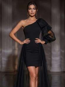 Đầm đen thanh lịch dành cho nữ, thiết kế bất đối xứng, lệch vai, tay dài xếp nếp và chân váy maxi xếp ly. - màu đen - Xem 10