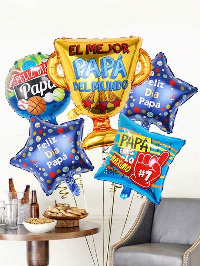 5pcs/Set Father's Day Decoration Balloon Set, Includes "El Mejor Papa Del Mundo" Gold Trophy Balloon, "Happy Father's Day" Blue Star Balloon, For Father's Day Party Decor, Gift For Dad, Best Dad Balloon, Dad Birthday Decoration