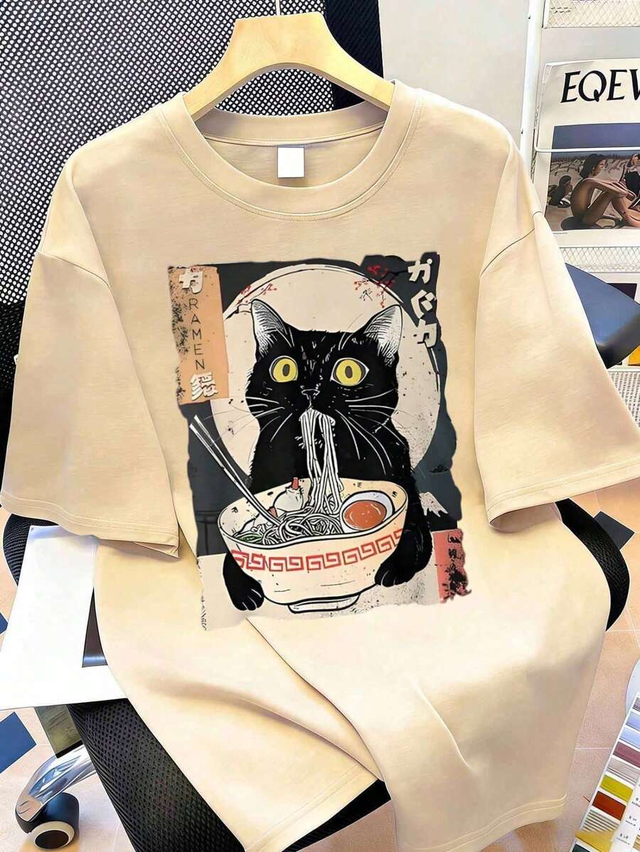 女士卡通猫拉面印花短袖T恤,适合日常穿着、外出、聚会、上学、音乐节、度假、通勤。可作为礼物送给家人、男女朋友、夏季女装。 - 杏色 - 查看 1