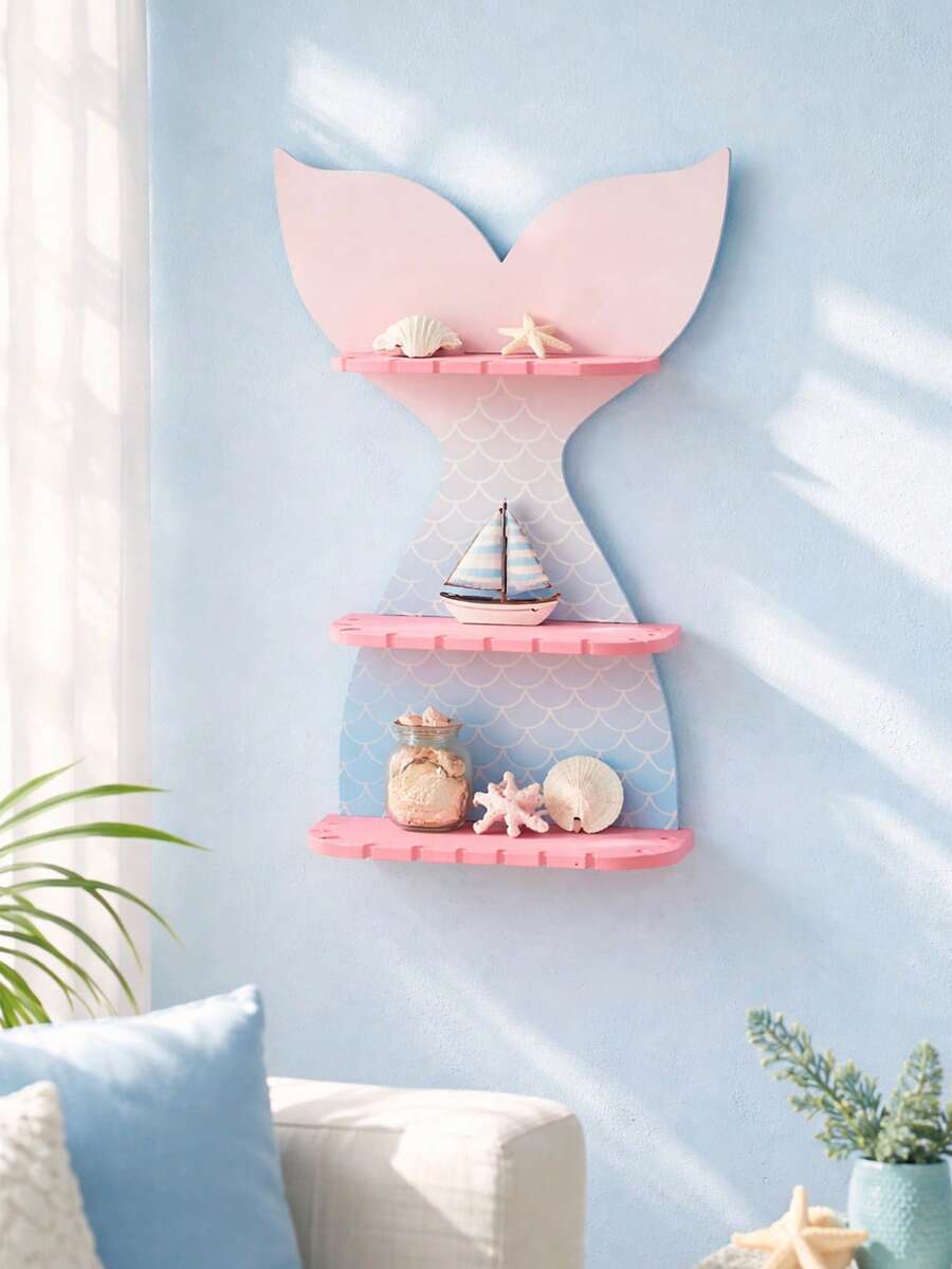 1件装美人鱼尾巴壁挂式置物架，悬挂式收纳架，海洋主题房间装饰，粉蓝色波西米亚风壁挂展示架，适合展示绿植、蜡烛、水晶香水和小摆件，适合客厅使用。 - 彩色 - 查看 1