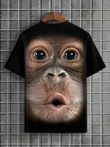 Camiseta de manga corta de cuello redondo con estampado de gorila para hombres de talla grande en verano - Negro - Ver 2