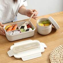 1 pieza Caja bento a prueba de fugas con utensilios, microondas, diseño de 3 compartimentos, fiambrera para exteriores, recipiente de comida dividido con tapa de cierre , adecuado para la escuela, el trabajo y las comidas al aire libre, esencial para volver a la escuela - Multicolor - Ver 7