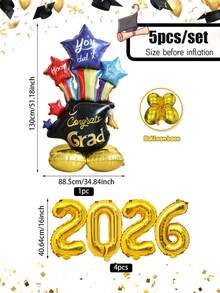 5pcs Upright Graduation Season Hat Balloons, Including Black Graduation Cap Shape, Pentagram And 16-Inch Gold 2026 Number Foil Balloons, Suitable For Graduation Ceremony Party Decoration, Classroom Atmosphere Decoration Balloons, 2026 Graduation Party, Elementary, High School, College Graduation Celebration Party Decorations, Class Graduation Party, Birthday Party, School Events And Campus Decoration Supplies - Multicolor - View 2