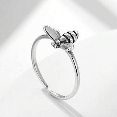 HuooNew 1pc 925 Sterling Silver Adjustable Cute Bee Shaped Open Ring, Natural Style Hypoallergenic Jewelry, Ideal Gift For Bee Lovers