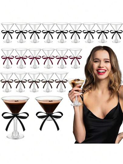 Reusable Cocktail Glasses With Ribbon, Elegant Plastic Martini Cups - Perfect For Cocktails, Champagne And Desserts - Reusable, Suitable For Weddings, Christmas, Valentine's Day And Everyday Gatherings