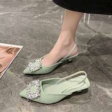 Zapatos de tacón para mujer, estilo <<fairy», con cordones, tacón fino francés, punta afilada y hebilla cuadrada con pedrería, ideales para el verano - Verde - Ver 4