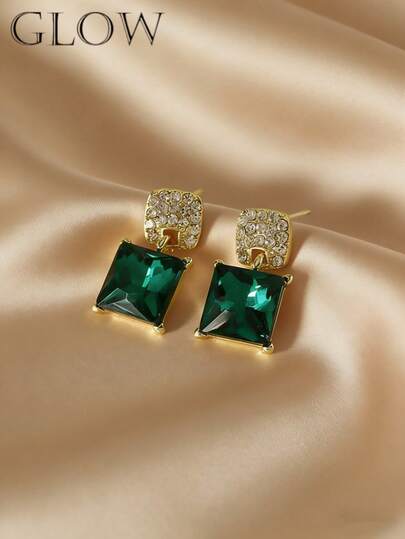 1 Pair Elegant Niche Fashion Versatile Geometric Square Emerald Earrings, Suitable For Teenage Girls Daily, Festival, Party Wear