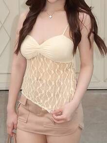 Women's Pleated Sexy Camisole Lace Sheer Patchwork Top Summer - Apricot - View 4