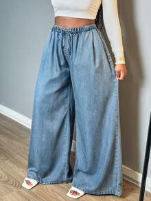Women's Elastic Waist Baggy Wide Leg Jeans, Casual Loose Non-Stretch Denim Pants - 淺色水洗藍 - 查看 5