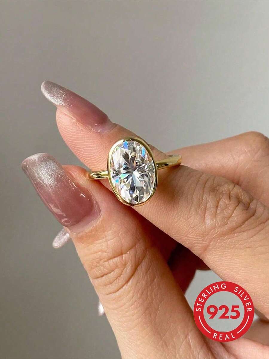 1 chiếc nhẫn bạc 925 cao cấp hình bầu dục tối giản đính một viên kim cương duy nhất, kiểu dáng nữ, thích hợp cho các bữa tiệc và dạ hội, trang sức tinh tế, quà tặng kỷ niệm cho bạn gái.