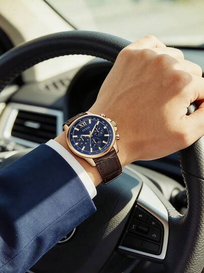 Guess 男士蓝色表盘玫瑰金计时腕表，棕色鳄鱼纹压花皮表带，奢华时尚石英腕表，带测速计、罗马数字日期显示 - 商务、正式晚宴、旅行、约会之夜及办公场合的完美之选 | 送给丈夫、父亲、男友的生日、父亲节、周年纪念礼物