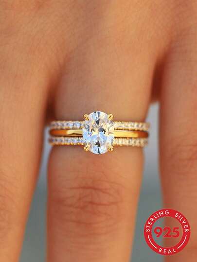 3pcs/Set Women's Jewelry, 925 Sterling Silver Four-Claw Gemstone Inlaid Rings, Exquisite Jewelry Suitable For Weddings, Galas And Other Occasions