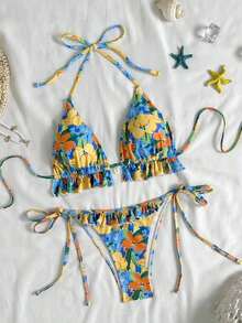 Swim Mod Women's Swimsuit, Two-Piece Bikini Set With Halter Neck, Ruffles And Bow In Solid Color For Summer - 多色 6 - 查看 2