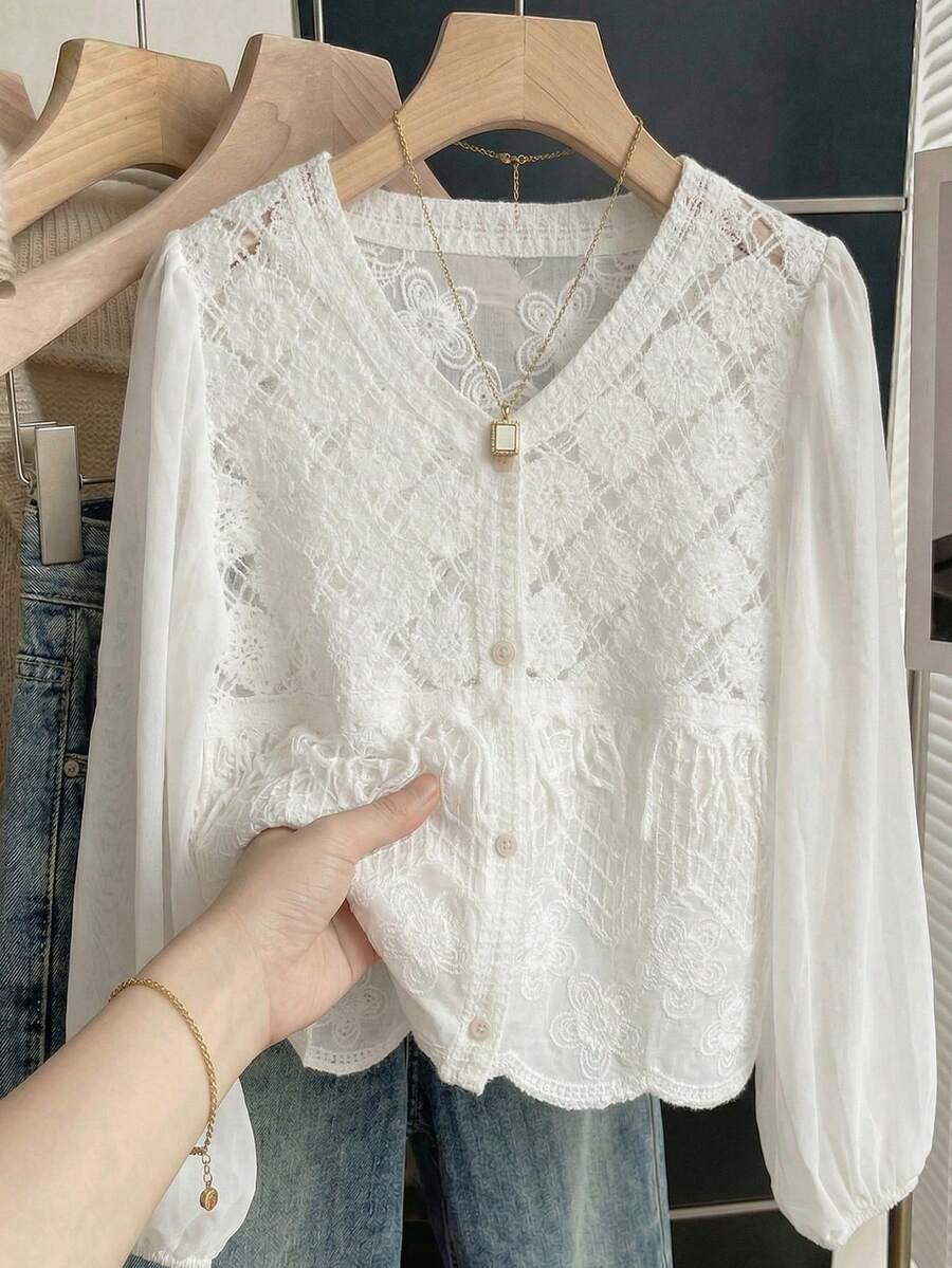 JIANHU Áo kiểu ren nhẹ dành cho nữ - Thoáng khí và thanh lịch, phù hợp cho trang phục thường ngày, công sở và các dịp đặc biệt.