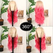 13X4 Ombre Pink Lace Front Wigs Transparent HD Lace Ombre Pink To White Body Wave Synthetic Hair, Pre-Plucked Glueless 28 Inch Long Wave Wig With 180% Density Ombre Red Wigs For Women & Men, All Ethnicities, Party & Daily Wear, Preplucked Hairline - Màu hồng ombre - Xem 7