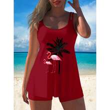 Pink Flamingo Hawaii 2pcs Tankini Swimsuits Stretchy Swim Tops Hide Tummy Bathing Suit Shorts - Red - View 1