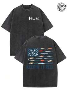 Vintage Washed Cotton Unisex Round Neck Short-Sleeve T-Shirt With Forever Chasing Sunsets Coconut Tree Sea Wave Sunset Retro Print Pattern Print Orca - 黑色 - 查看 11
