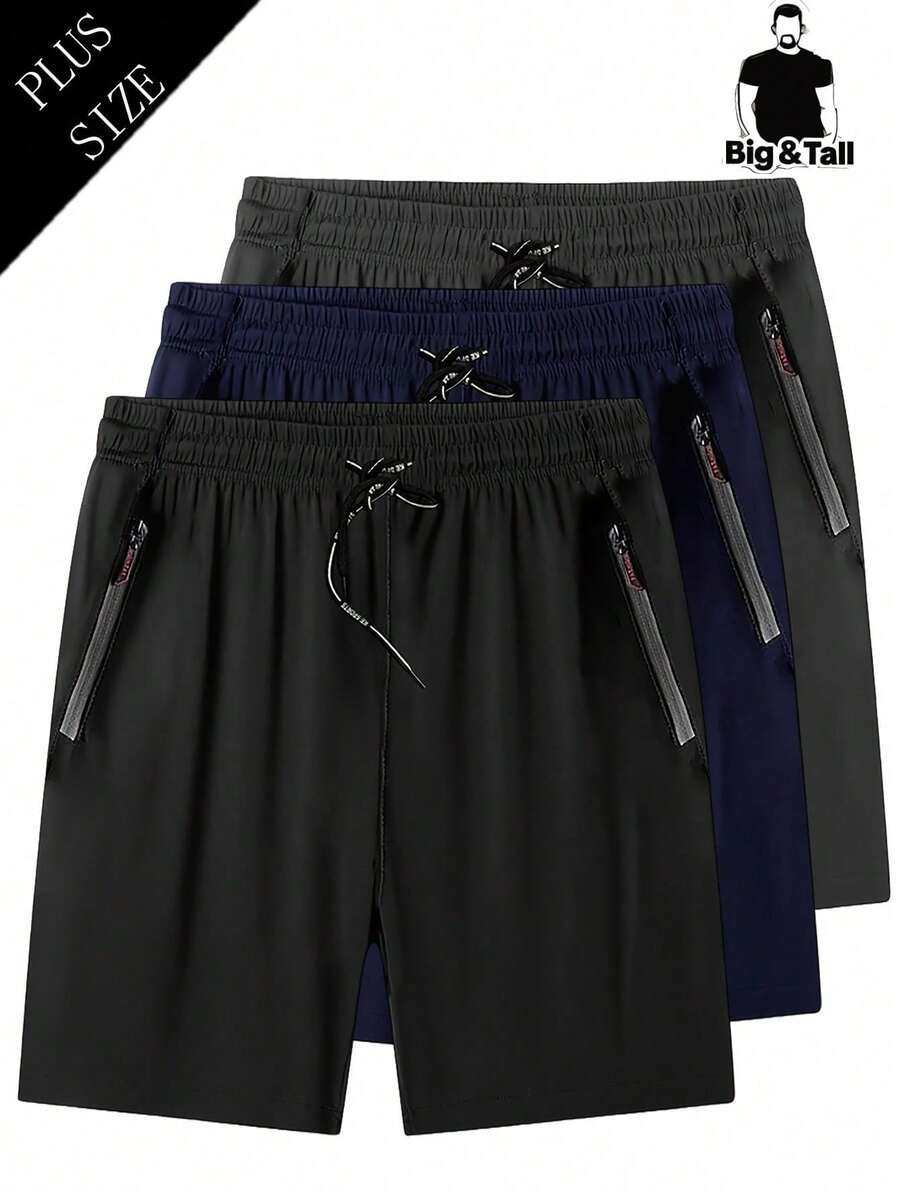 Quần short nam cỡ lớn, ống đứng, co giãn, màu trơn, có túi khóa kéo, dây rút, nhẹ, thích hợp cho thể thao, chạy bộ, tập thể dục, mùa hè.