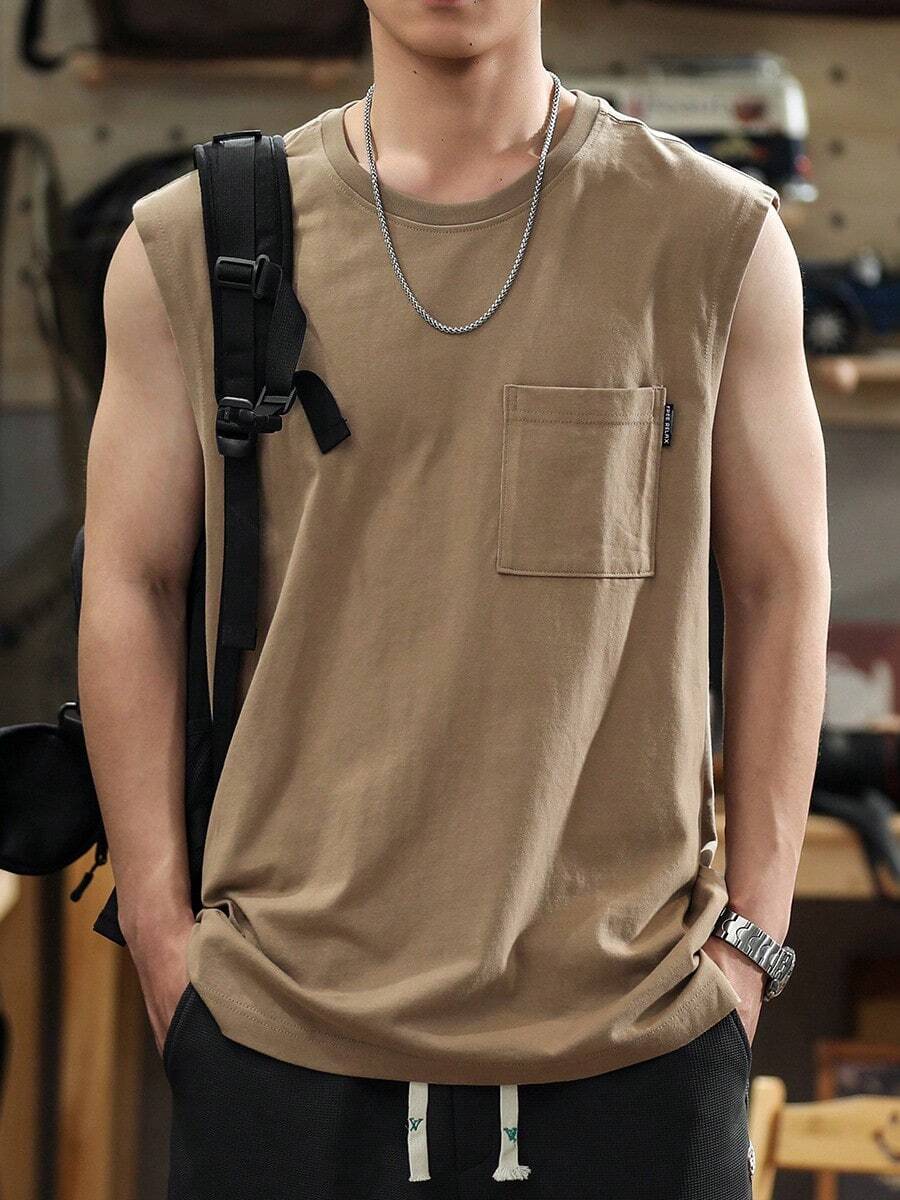 2026 Men's Summer Retro Sleeveless Shirt, Loose And Casual, Fitness Shirt, Men's Sports Vest, Men's T-Shirt. - 卡其色 - 查看 1