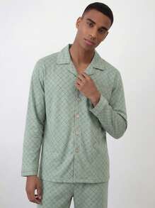 Snug League 男士透气吸汗格子长袖上衣和长裤家居服套装，春秋季、秋冬季服装 - 綠色 - 查看 6