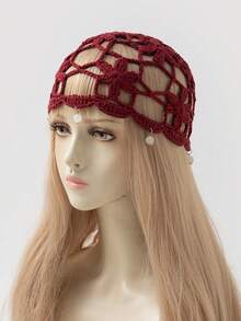 1pc Women's Handmade Crochet Lightweight Hollow-Out Pearl Decorated Hat, Suitable For Spring, Summer, Autumn Daily And Outdoor Wear - A - View 12