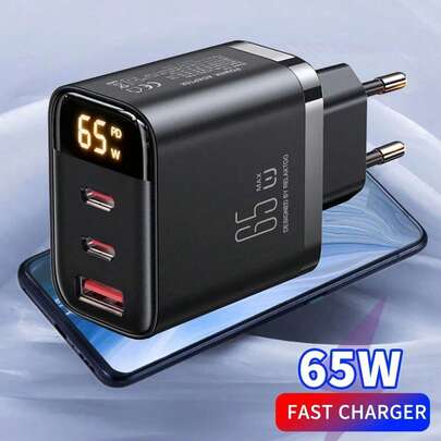 1pc 65W/45W/30W GaN Charger, 2 Type C + 1 USB Type-C Fast Charging QC4.0 Wall Adapter, Compatible With IPhone 17 Pro Max/17 Pro/17/Air/16/15/14/13/12/11/XS/XR/8/7/6, S25/S24/S23/S22/S21 Ultra Plus, Series Fast Charging