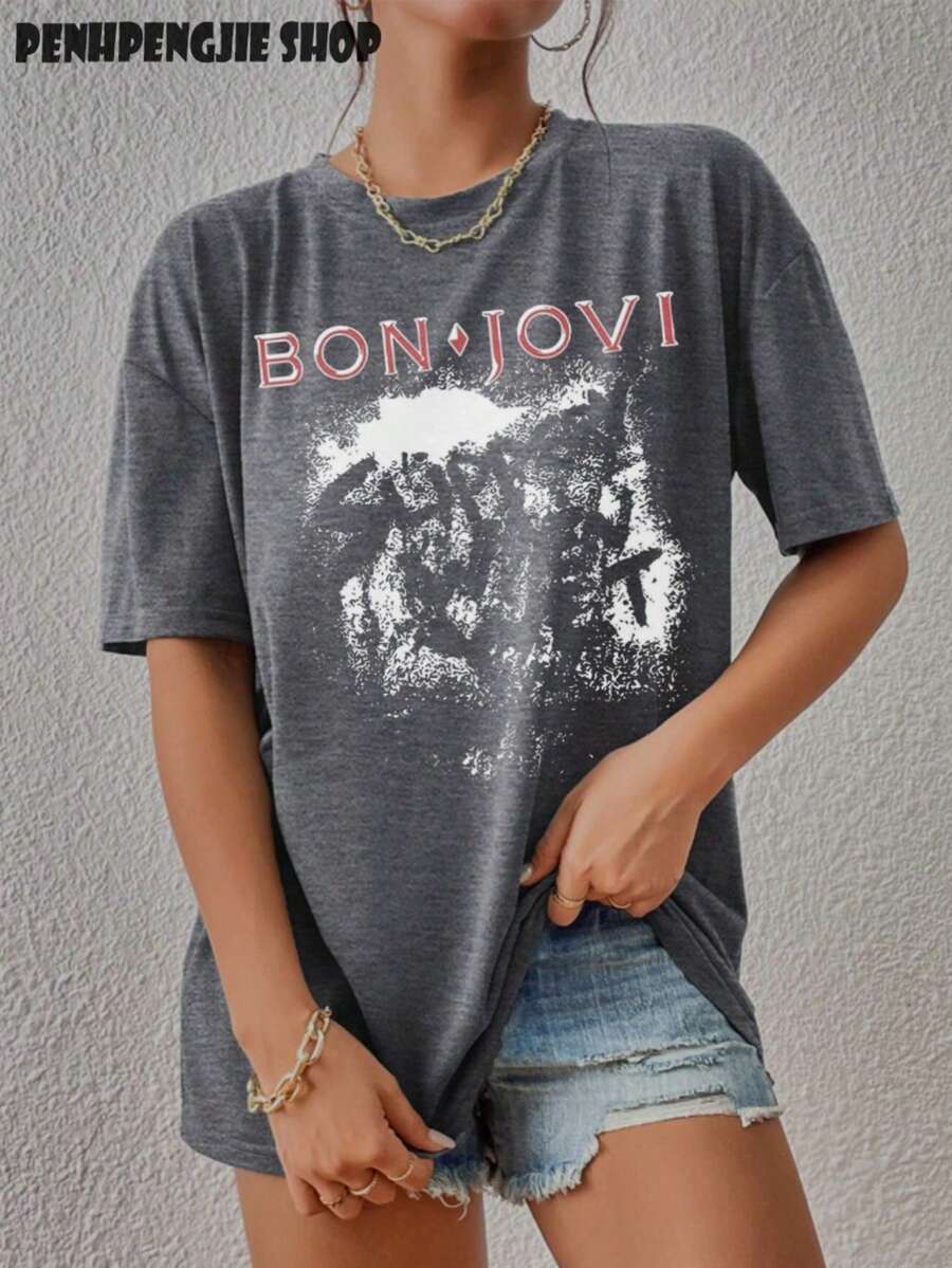 Women's Vintage Bon Jovi Rock Band Graphic Tee, Festival Outfits For Women, Rock Concert Outfit, 90s Grunge Oversized T Shirt - 灰色 - 查看 1