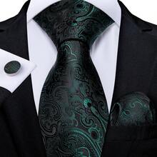 Men's Dark Green Paisley Floral Tie Set - Includes Pocket Square, Cufflinks And Gold Tie Clip, Formal Tie Suitable For Celebration Occasions - Dark Green - View 6