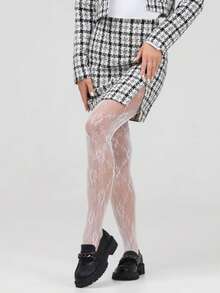 Quần legging lưới hoa co giãn cao cấp dành cho nữ cỡ lớn, quần skinny ren kiểu Gothic, tất lưới đen mỏng kiểu Y2K, sự lựa chọn hoàn hảo cho ngày Valentine. - trắng - Xem 4