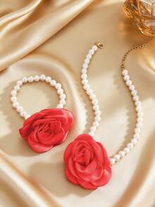 2pcs/Set Elegant Faux Rose Flower & Pearl Necklace Bracelet Jewelry Set, Suitable For Women's Daily Wear And Dates, Gift For Valentine's Day, Mother's Day, Birthday - Multicolor - View 7