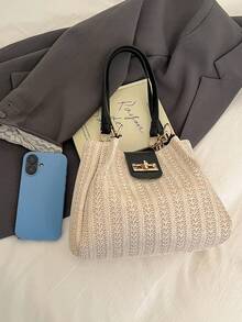 2026新款女士编织手提包，大容量单肩包，沙滩度假草编包，批发 - 黑色 - 查看 10