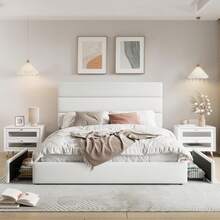 Allewie Modern Full/Queen/King Size Platform Bed Frame With 4 Storage Drawers And Velvet Upholstered Headboard, Wooden Slats Support, Upholstered Mattress Foundation/No Box Spring Needed/Easy Assembly, White - 白色 - 查看 2