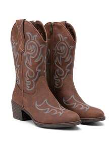 Women's Cowboy Mid Calf Boots Cowgirl Western Embroidered Chunky Low Heel 9800 Boots With Zipper - 棕色 - 查看 4