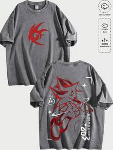 Game Symbol & Character Combination Print Graphic Tees Men, Retro Game Vibe Graphic Tees, Skin-Friendly Pure Cotton Mens Clothes, Breathable Loose Silhouette Casual Versatile T-Shirt - 灰色 - 查看 1