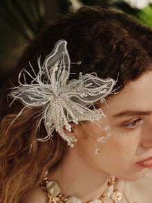 Opalesca 1件手工白色蕾丝花朵、羽毛和面纱发夹，适用于婚礼新娘发饰、摄影化妆、皇家头饰、爪夹、发卡、学校用品、女士度假装扮、头部配饰、发夹 - 白色 - 查看 3