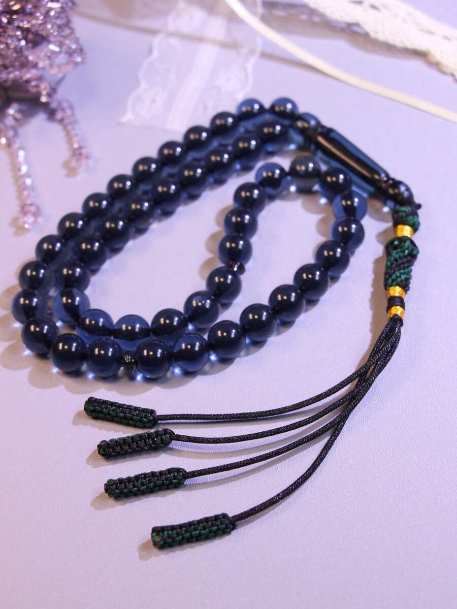 1 chuỗi tràng hạt pha lê đen xanh cổ điển, 45 hạt 10mm dệt thủ công, chuỗi tràng hạt cầu nguyện cá nhân theo phong tục Trung Đông, phụ kiện đeo hàng ngày cho các cặp đôi.