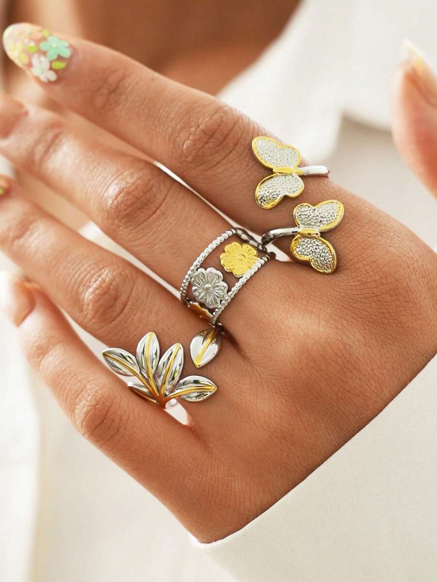 Frminee Bộ 3 chiếc/1 chiếc nhẫn thép không gỉ mạ vàng 18k hình bướm xếp ly cổ điển, phong cách Bohemian, thích hợp đeo hàng ngày khi đi nghỉ mát hoặc làm quà tặng ngày lễ. - Màu vàng và bạc pha trộn - Xem 1