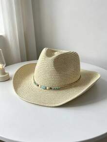 Mũ cao bồi rơm dành cho nữ, kiểu dáng đi biển, với vành mũ có dây màu ngọc lam - dây chắn gió, mũ chống nắng kiểu miền Tây, có chức năng chống nắng, nhẹ và có thể gấp gọn. - Nhiều màu - Xem 6